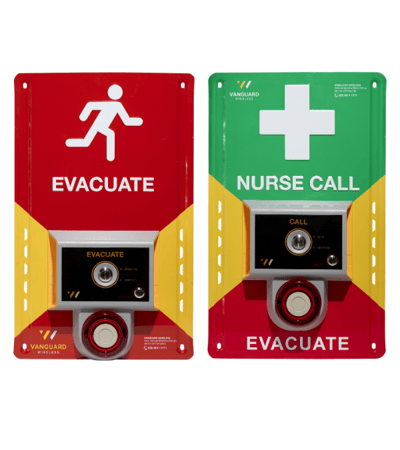 An innovative safety alert system from Vanguard Wireless, including a nurse call device and an evacuation device